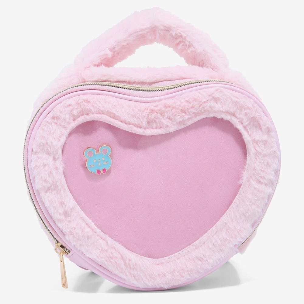 PINK FUZZY HEART PIN COLLECTOR MINI BACKPACK! Cute Kawaii Faux Fur Pastel
